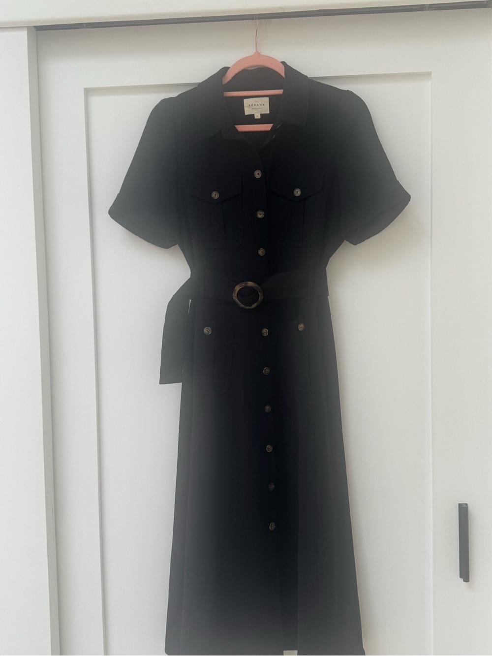Sezane Black Short-Sleeve Button Midi Shirt Dress with Belt